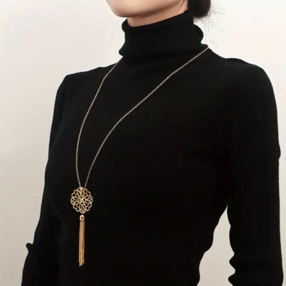 Private Label Jewelry - NEW Gold Lotus Flower Mandela Tassle Long Pendant Necklace